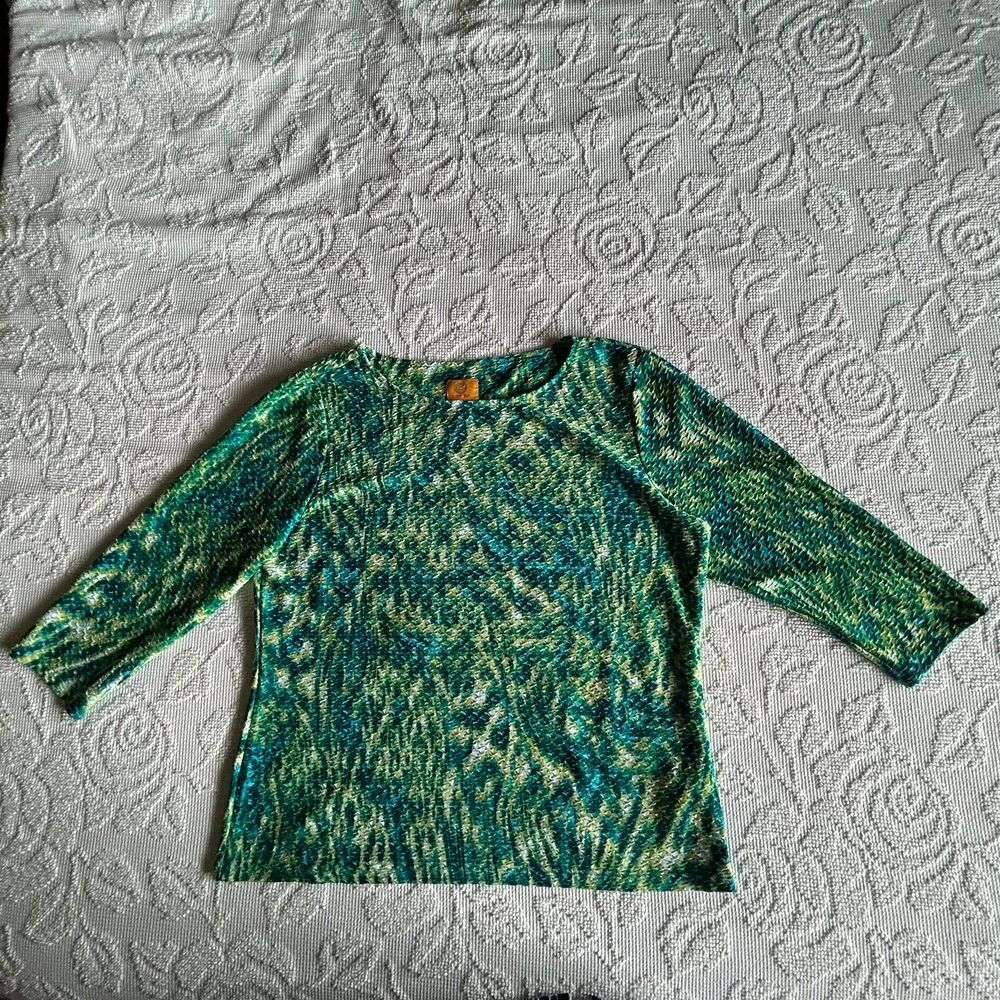 Ruby Rd Crinkled Knit Top XL Green Blue Art Deco Stretch 3/4 Sleeve Cottagecore